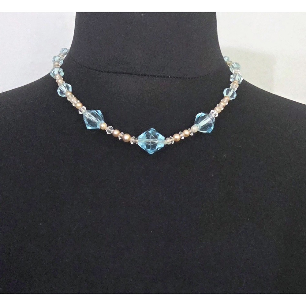 Vintage Sterling Silver 925 Clasp Glass Bead Topaz Beaded Necklace‎ Faux Pearl